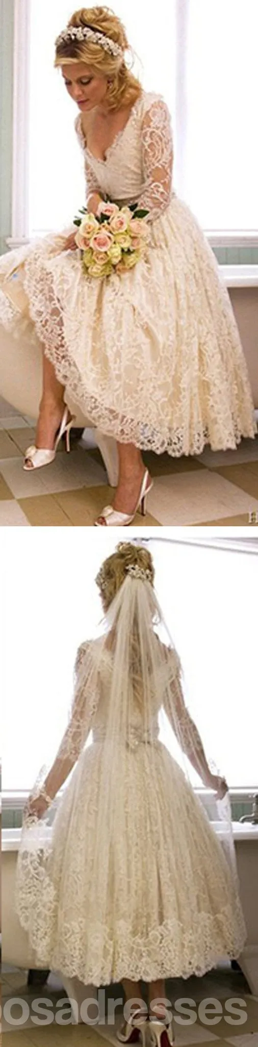 Vantage V-Neck Long Sleeve Tea Length White Lace Princess Wedding Party Dresses, WD0031