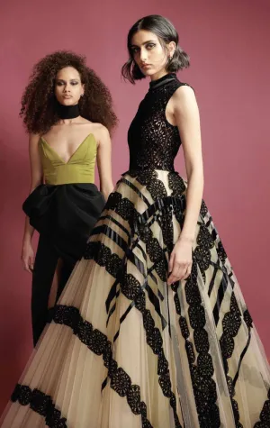 Velvet And Flocked Lace Gown