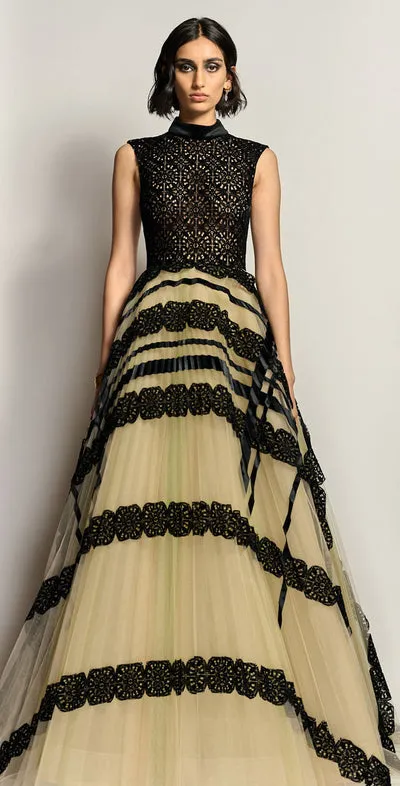 Velvet And Flocked Lace Gown