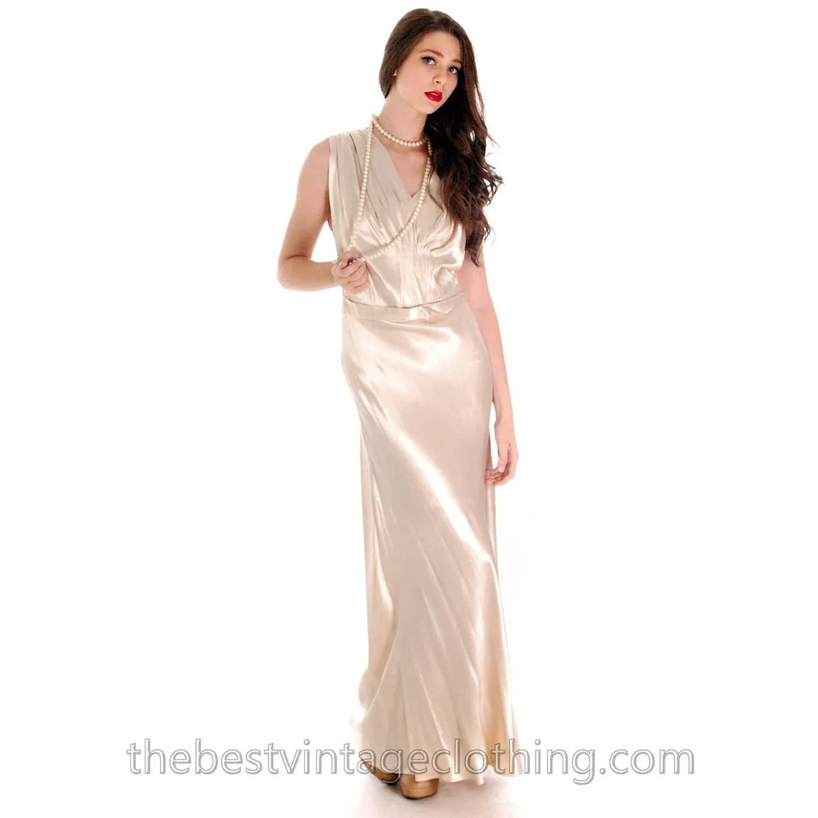 Vintage 1930s Candlelight Ivory Rayon Satin Bias Cut Gown Wedding Evening M L 42-36-48