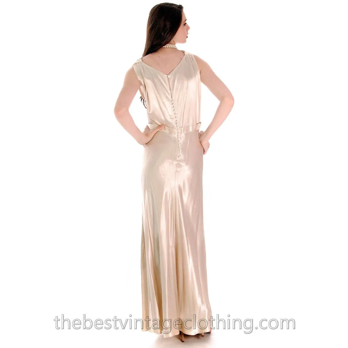 Vintage 1930s Candlelight Ivory Rayon Satin Bias Cut Gown Wedding Evening M L 42-36-48