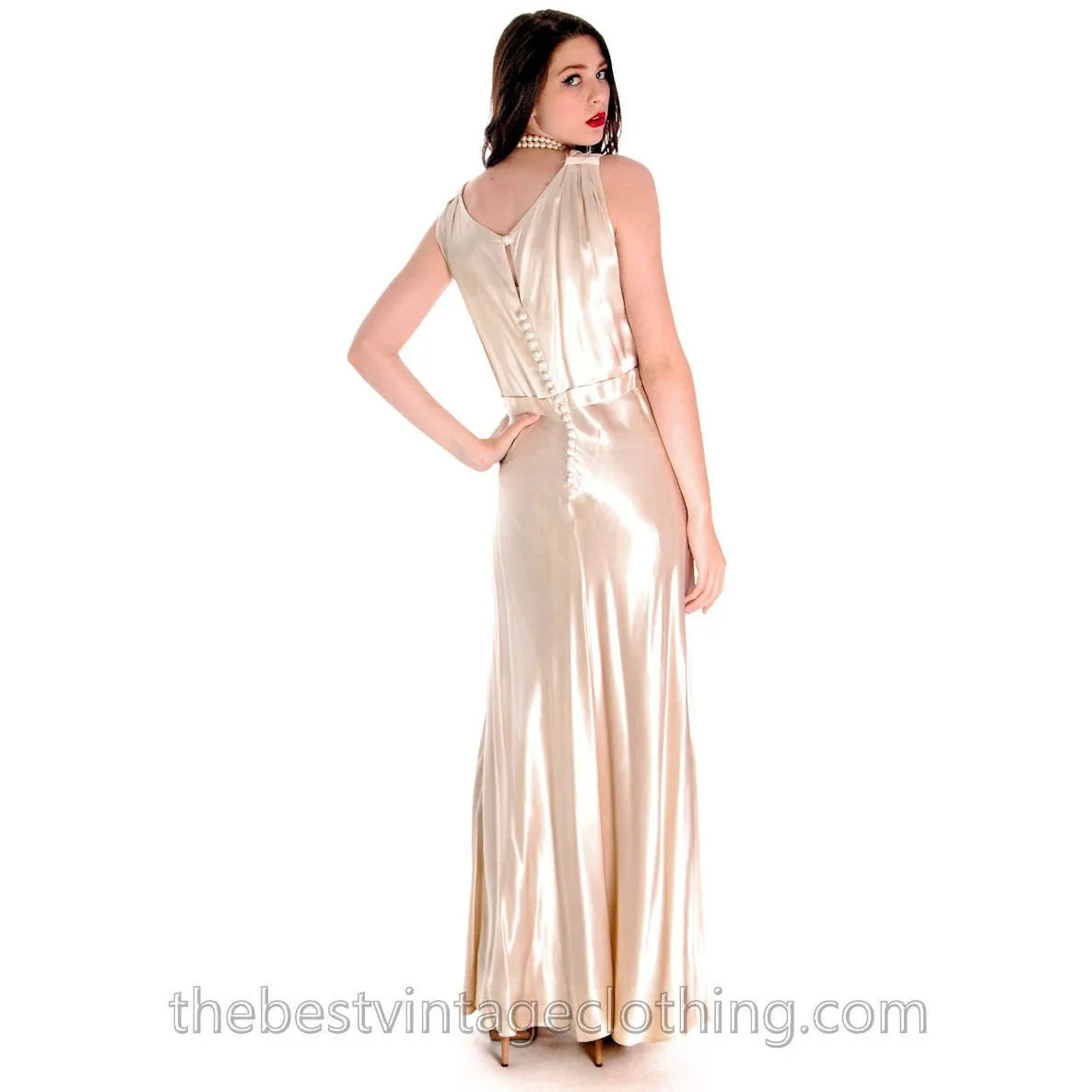 Vintage 1930s Candlelight Ivory Rayon Satin Bias Cut Gown Wedding Evening M L 42-36-48