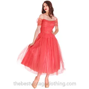 Vintage 1950s Prom Gown Tulle & Satin Coral Colored Small Tea Length 34-27-FREE