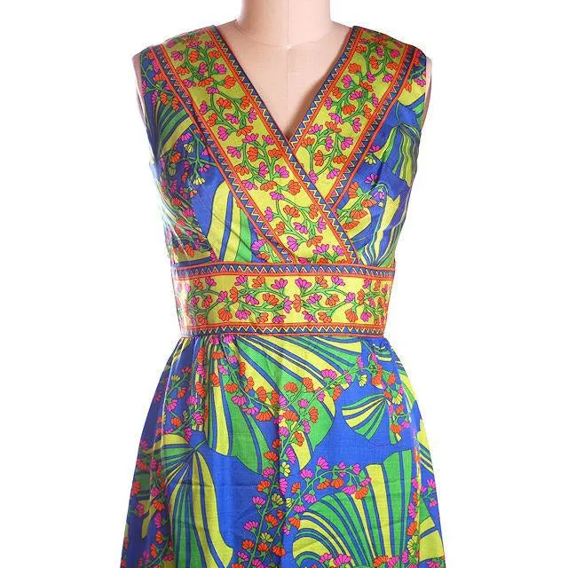 Vintage Blue Mod  Border Print Dress Matinee NOS 1970S 36-31-42