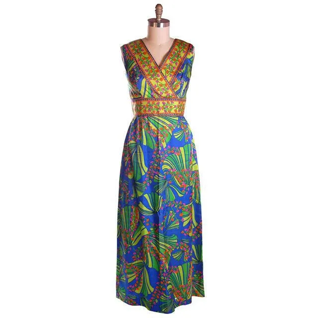 Vintage Blue Mod  Border Print Dress Matinee NOS 1970S 36-31-42