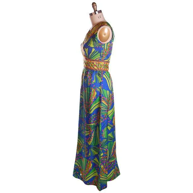 Vintage Blue Mod  Border Print Dress Matinee NOS 1970S 36-31-42