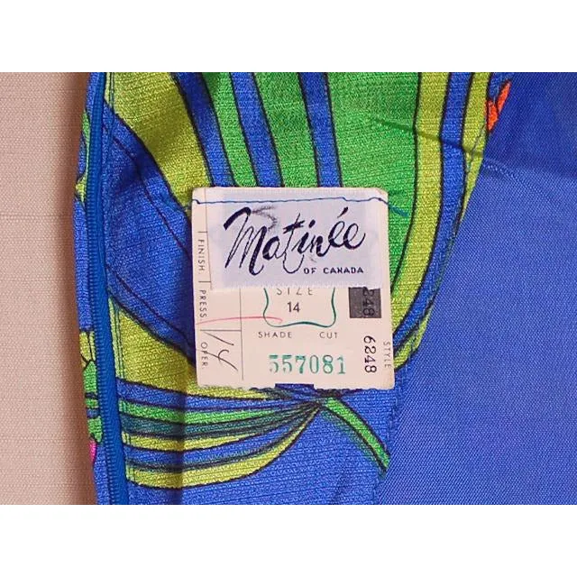 Vintage Blue Mod  Border Print Dress Matinee NOS 1970S 36-31-42