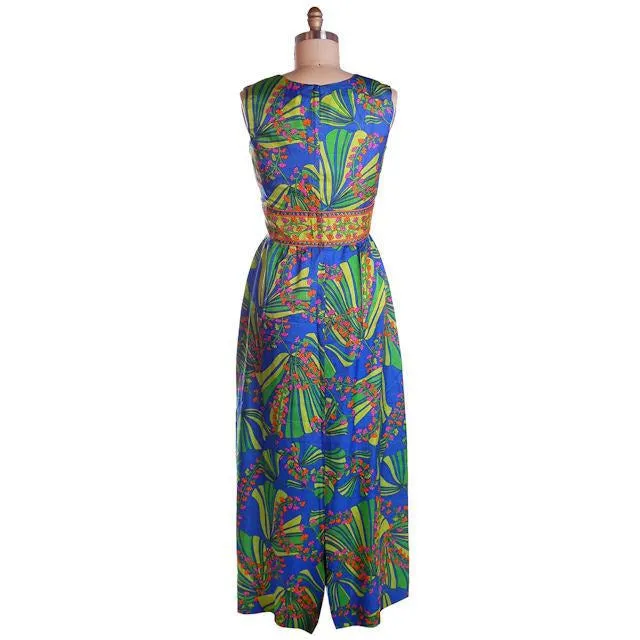 Vintage Blue Mod  Border Print Dress Matinee NOS 1970S 36-31-42