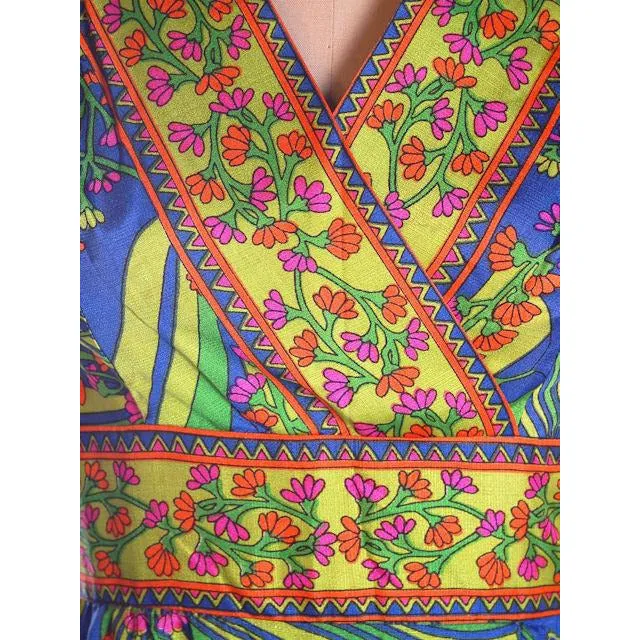 Vintage Blue Mod  Border Print Dress Matinee NOS 1970S 36-31-42