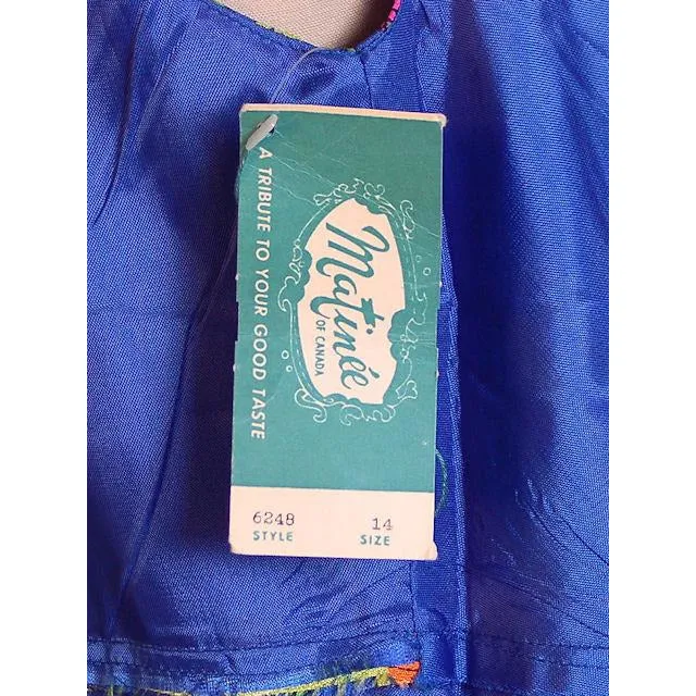 Vintage Blue Mod  Border Print Dress Matinee NOS 1970S 36-31-42
