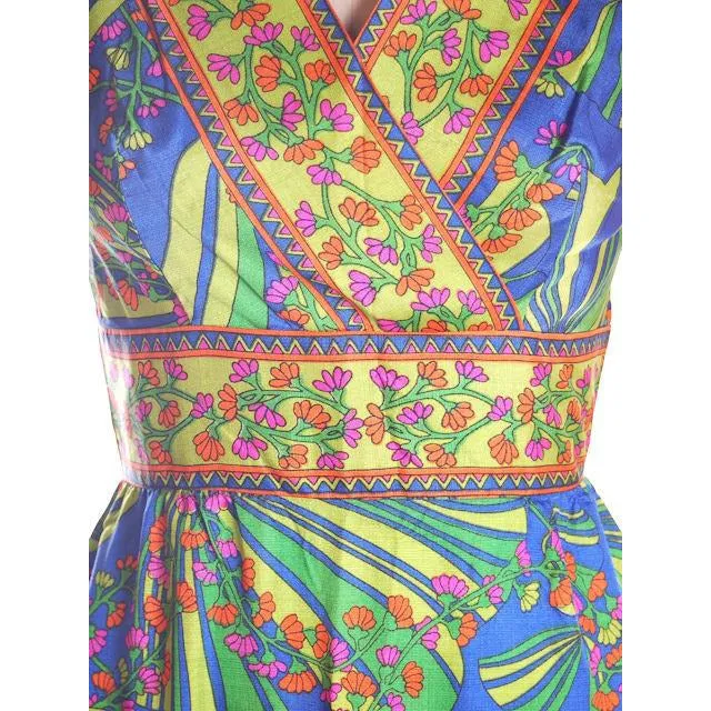 Vintage Blue Mod  Border Print Dress Matinee NOS 1970S 36-31-42