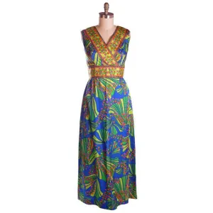 Vintage Blue Mod  Border Print Dress Matinee NOS 1970S 36-31-42