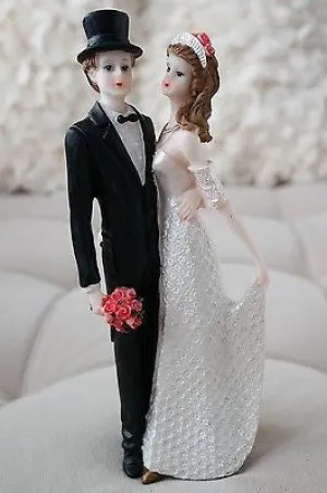 Vintage Bride and Groom Cake Topper Tux Top hat White Gown Figurine 8.75" Tall