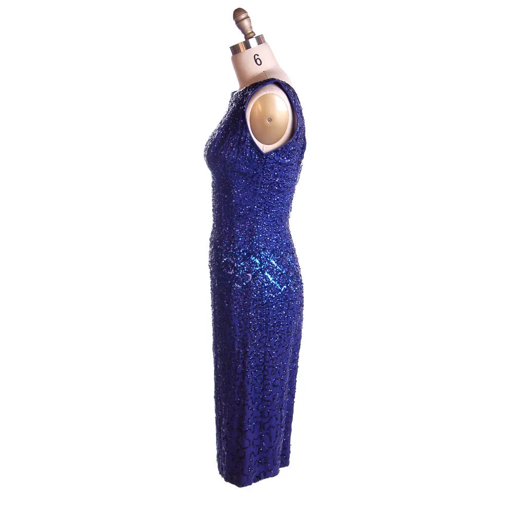 Vintage Cocktail Dress Blue Sequins Va-va-Voom! Frank Starr 1950s 36-26-36