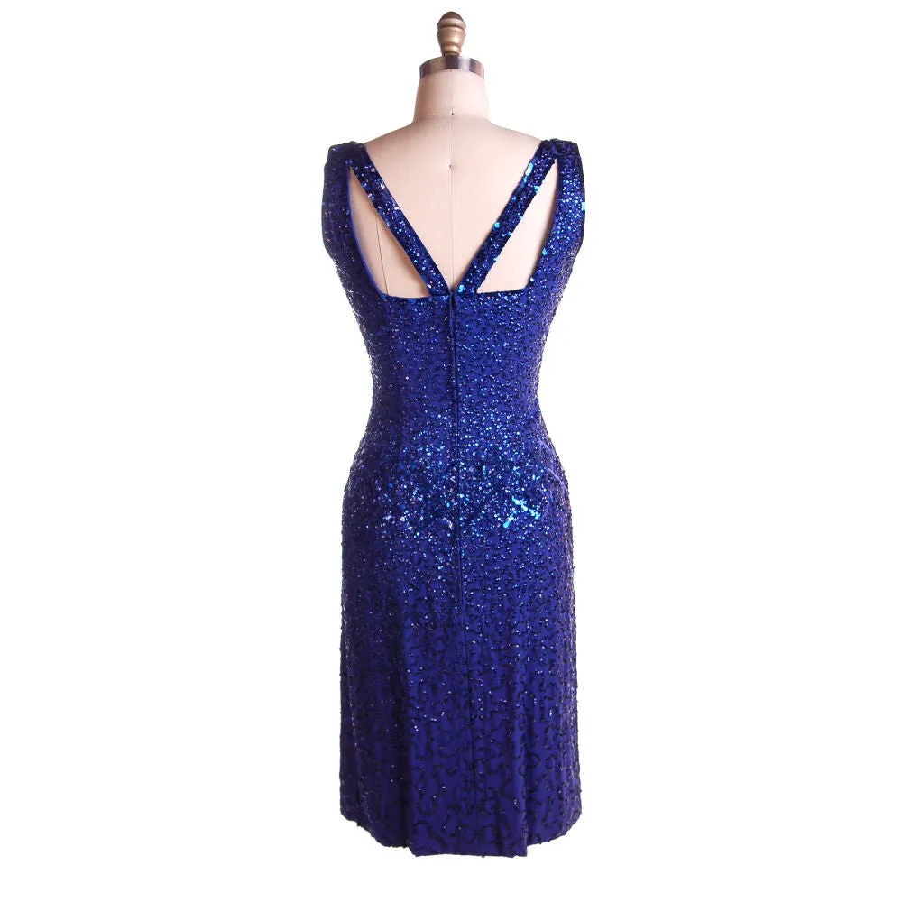Vintage Cocktail Dress Blue Sequins Va-va-Voom! Frank Starr 1950s 36-26-36