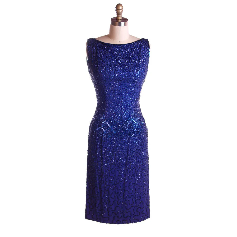 Vintage Cocktail Dress Blue Sequins Va-va-Voom! Frank Starr 1950s 36-26-36