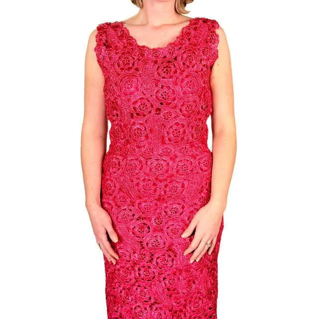 Vintage Dress Hot Pink Pantova Crocheted Rayon Straw Evening Gown 1960S 38-28-38