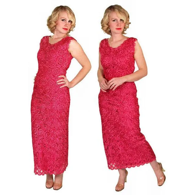 Vintage Dress Hot Pink Pantova Crocheted Rayon Straw Evening Gown 1960S 38-28-38