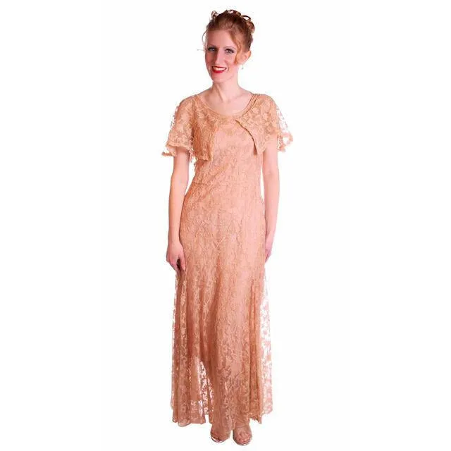 Vintage Dress Pale Peach Lace Garden Party Gown 1930's Small