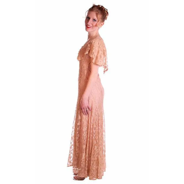 Vintage Dress Pale Peach Lace Garden Party Gown 1930's Small