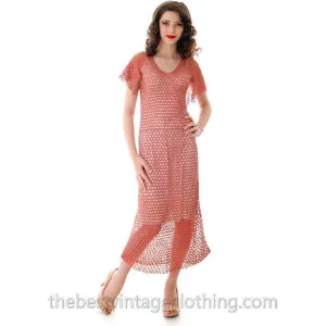 Vintage Dusty Rose Pink Crochet Day or Tea Dress 1930s Small