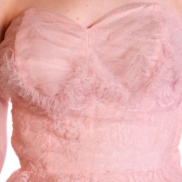 Vintage Full Length Dress Pink Prom Gown Frothy Lace & Tulle 1940s Small