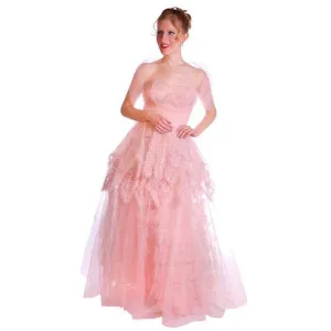 Vintage Full Length Dress Pink Prom Gown Frothy Lace & Tulle 1940s Small