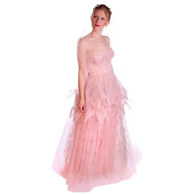 Vintage Full Length Dress Pink Prom Gown Frothy Lace & Tulle 1940s Small