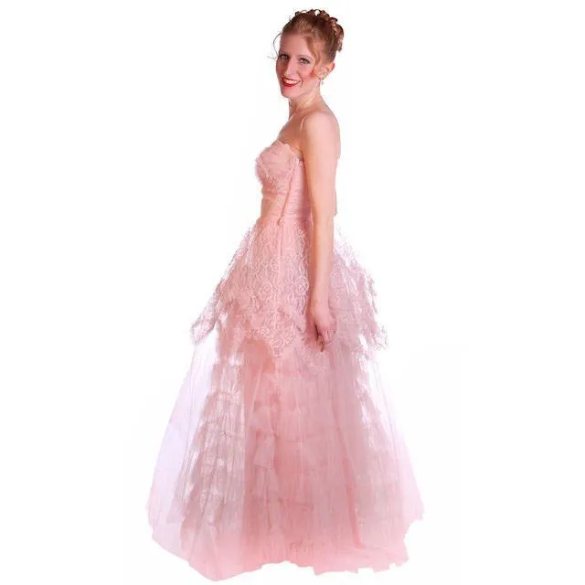 Vintage Full Length Dress Pink Prom Gown Frothy Lace & Tulle 1940s Small