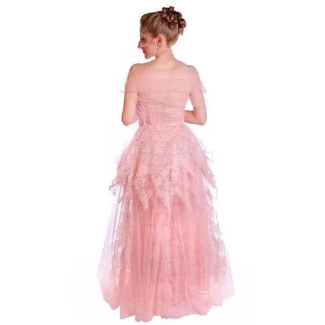 Vintage Full Length Dress Pink Prom Gown Frothy Lace & Tulle 1940s Small