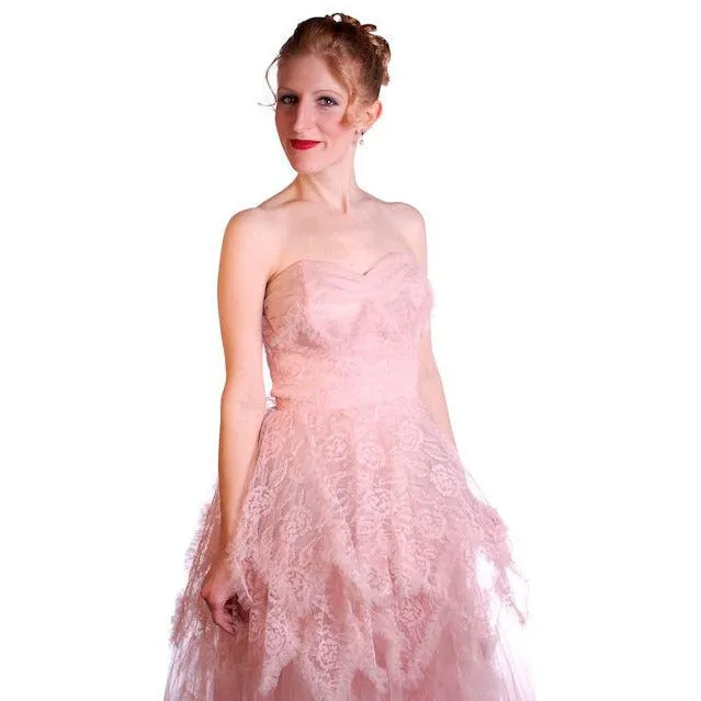 Vintage Full Length Dress Pink Prom Gown Frothy Lace & Tulle 1940s Small