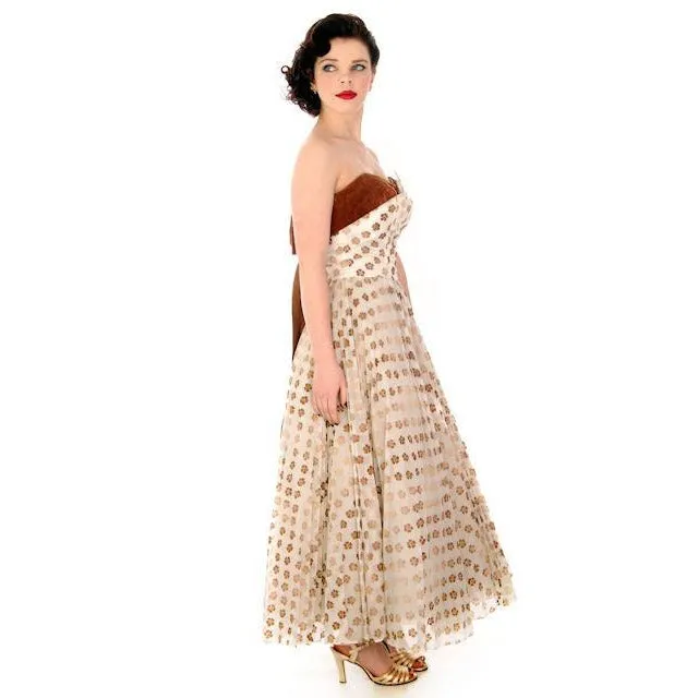 Vintage Gown Strapless Dress Prom Gown Flocked Nat Cantor 1950s 32-26-Free