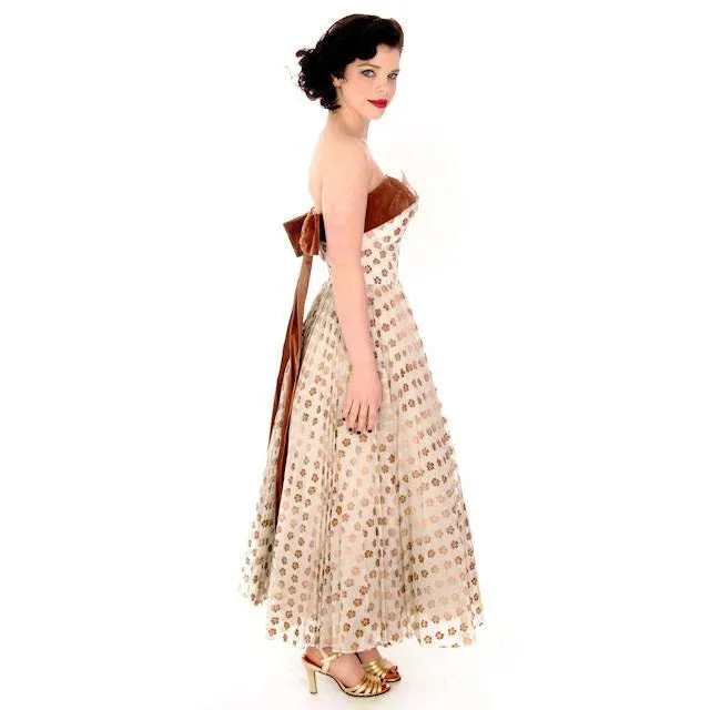 Vintage Gown Strapless Dress Prom Gown Flocked Nat Cantor 1950s 32-26-Free