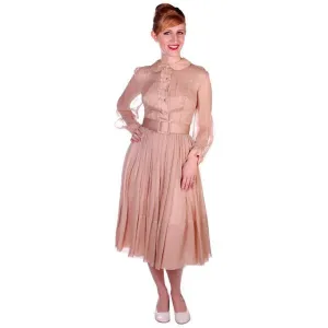 Vintage Silk Chiffon Overlay Dress Strapless Look Beige 1950s NOS 38-26-Free