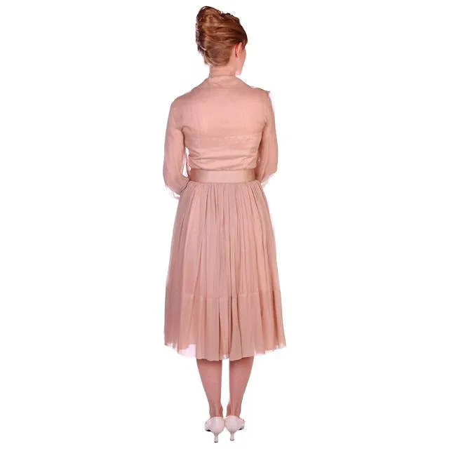 Vintage Silk Chiffon Overlay Dress Strapless Look Beige 1950s NOS 38-26-Free