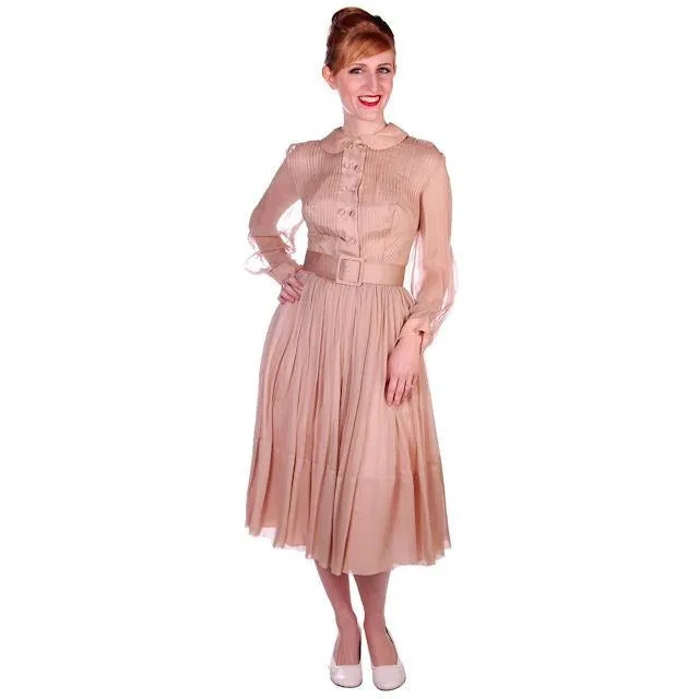 Vintage Silk Chiffon Overlay Dress Strapless Look Beige 1950s NOS 38-26-Free