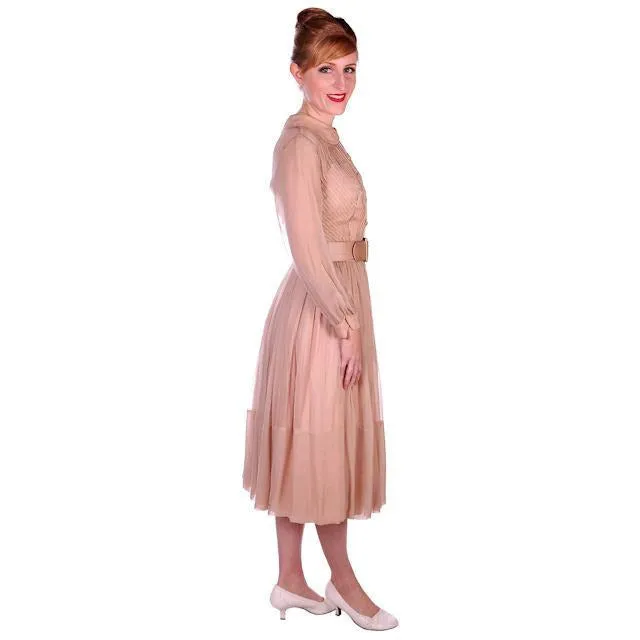 Vintage Silk Chiffon Overlay Dress Strapless Look Beige 1950s NOS 38-26-Free