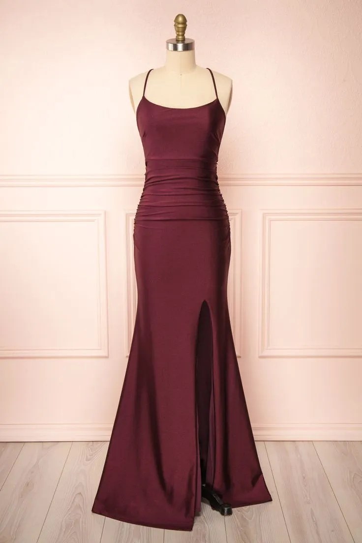 Vintage Square Neckline Slit Burgundy Party Dress