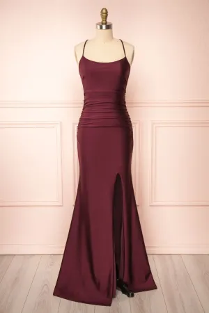 Vintage Square Neckline Slit Burgundy Party Dress