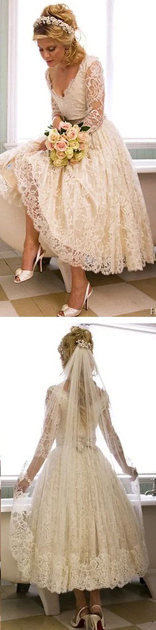 Vintage V-Neck Long Sleeve Tea Length White Lace Princess Wedding Party Dresses, WD0031
