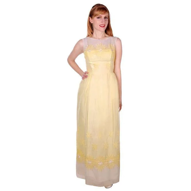 Vintage Yellow Formal Dress Embroidered Nylon Chiffon 1960s 35-26-47