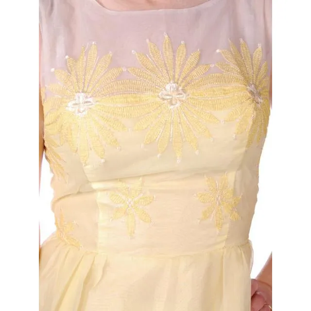 Vintage Yellow Formal Dress Embroidered Nylon Chiffon 1960s 35-26-47