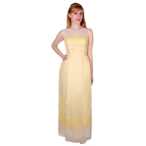 Vintage Yellow Formal Dress Embroidered Nylon Chiffon 1960s 35-26-47