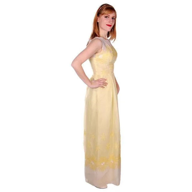 Vintage Yellow Formal Dress Embroidered Nylon Chiffon 1960s 35-26-47
