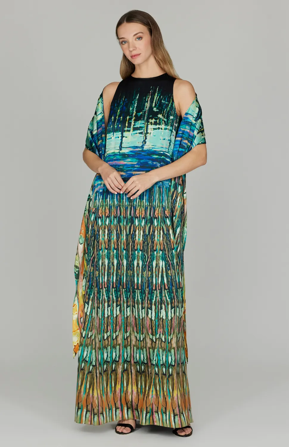 Water Reflection Long Trapeze Gown  w/ Back Cascase Detail