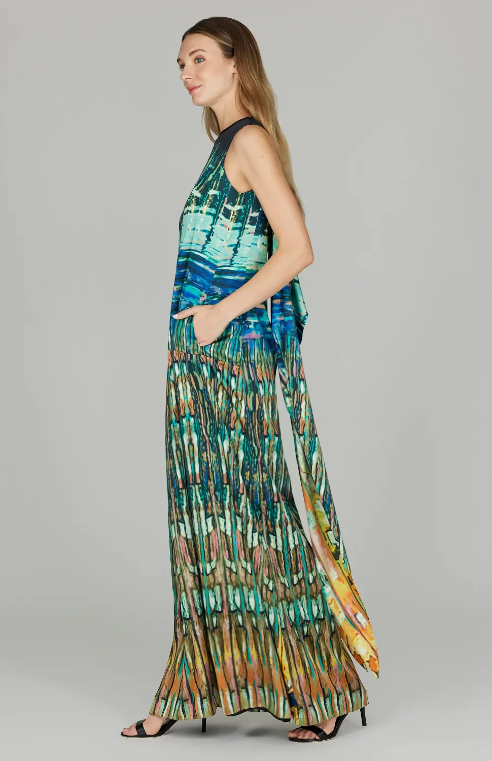 Water Reflection Long Trapeze Gown  w/ Back Cascase Detail