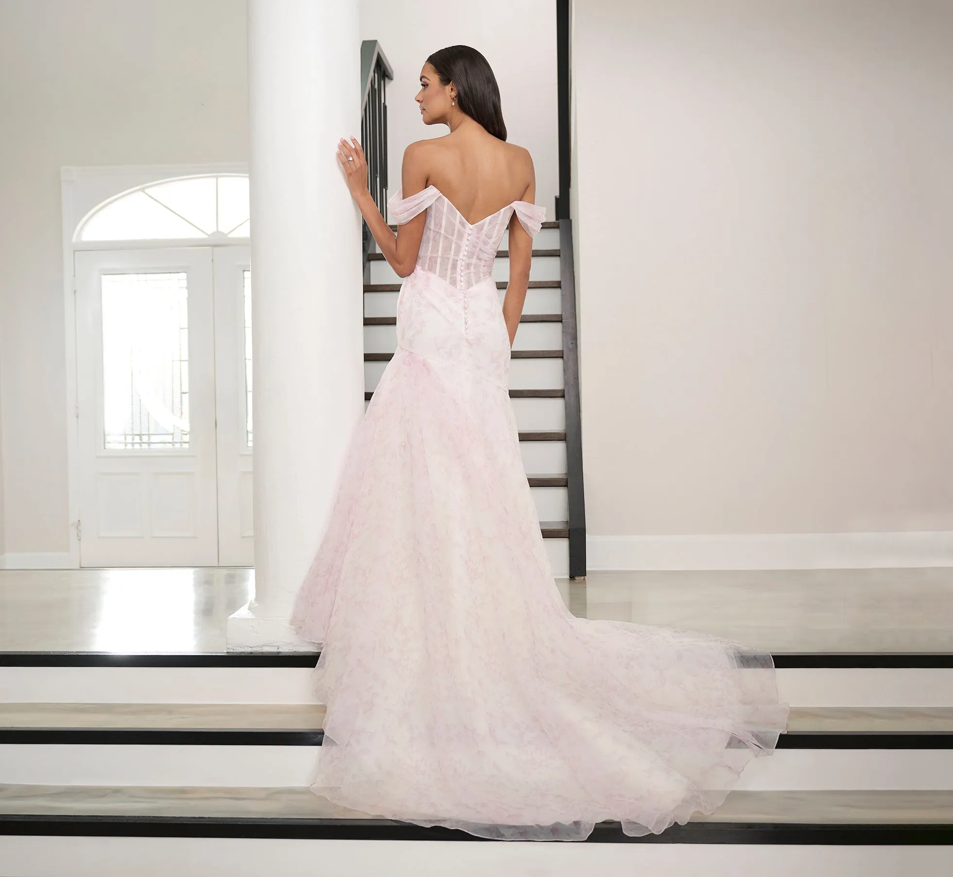 Watercolor Printed Organza Gown In Blush Multi