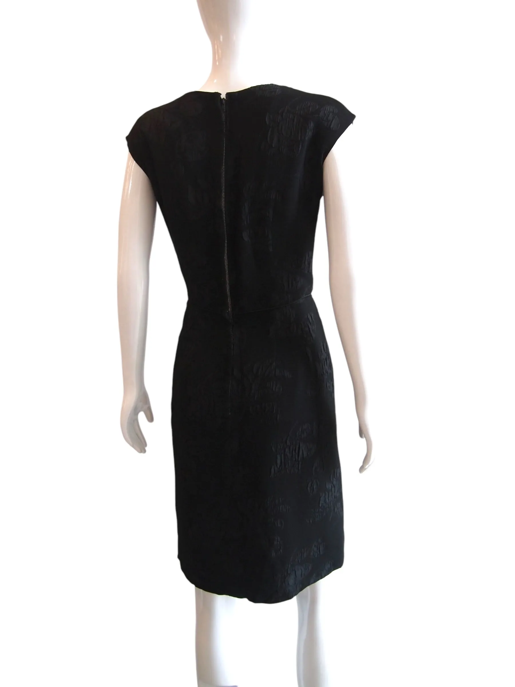 Whirlwind Brocade - 1950s Classy  Black Textured Brocade Dress w Bow Detail