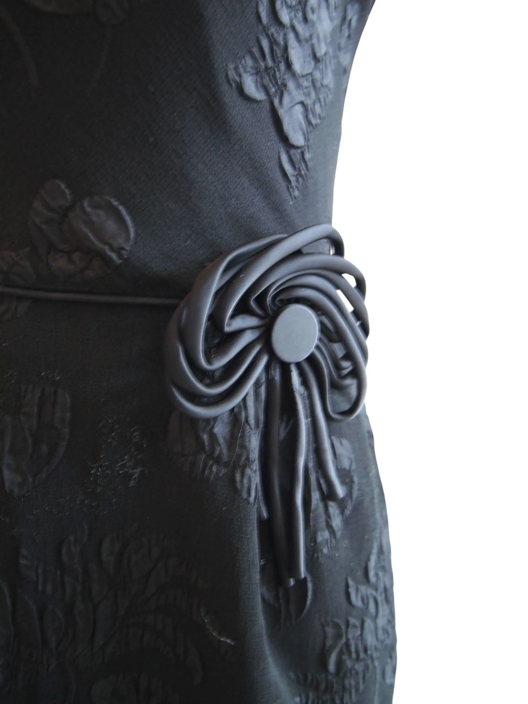 Whirlwind Brocade - 1950s Classy  Black Textured Brocade Dress w Bow Detail