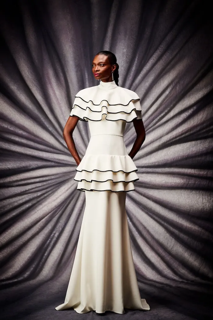 White and Black Ruffle Detail Gown